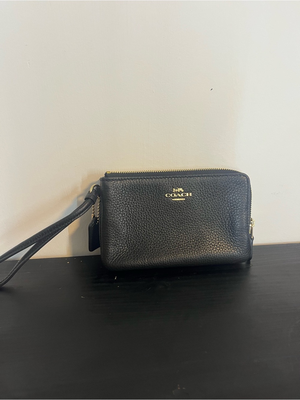 Coach Black Pebbled Leather Double Zip Wristlet
